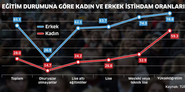 Eğitim seviyesi arttıkça kadın ve erkek istihdam oranları yaklaşıyor