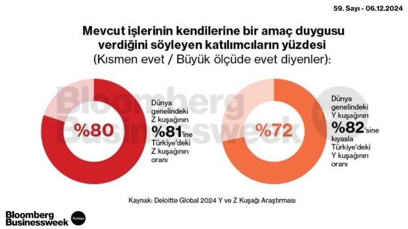 Mevcut işlerinin kendilerine bir amaç duygusu verdiğini söyleyen katılımcıların yüzdesi (Kısmen evet/ Büyük ölçüde evet diyenler)