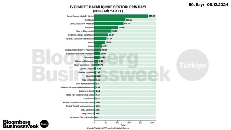 E-Ticaret Hacmi İçinde Sektörlerin Payı (2023, Milyar TL)