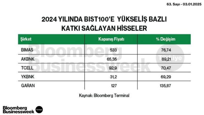 2024 Yılında BIST100'e Yükseliş Bazlı Katkı Sağlayan Hiisseler