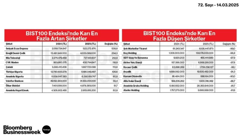 BIST100 Endeksi'nde Kârı En Fazla Artan ve Düşen Şirketler