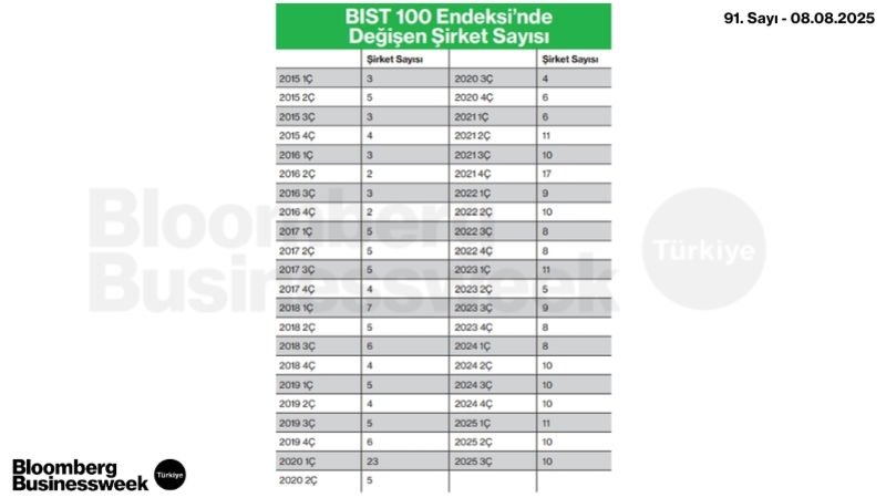 BIST100 Endeksi'nde Değişen Şirket Sayısı