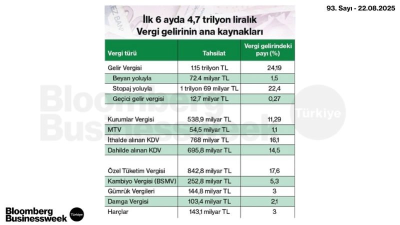 İlk 6 Ayda 4,7 Trilyon Liralık Vergi Gelirinin Ana Kaynakları