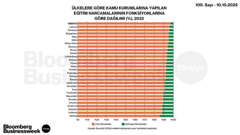 Ülkelere Göre Kamu Kurumlarına Yapılan Eğitim Harcamalarının Fonksiyonlarına Göre Dağılımı (%), 2022