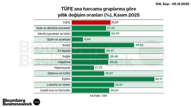 TÜFE Ana Harcama Gruplarına Göre Yıllık Değişim Oranları (%), Kasım 2025