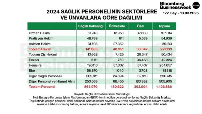 2024 Sağlık Personelinin Sektörlere ve Ünvanlara Göre Dağılımı
