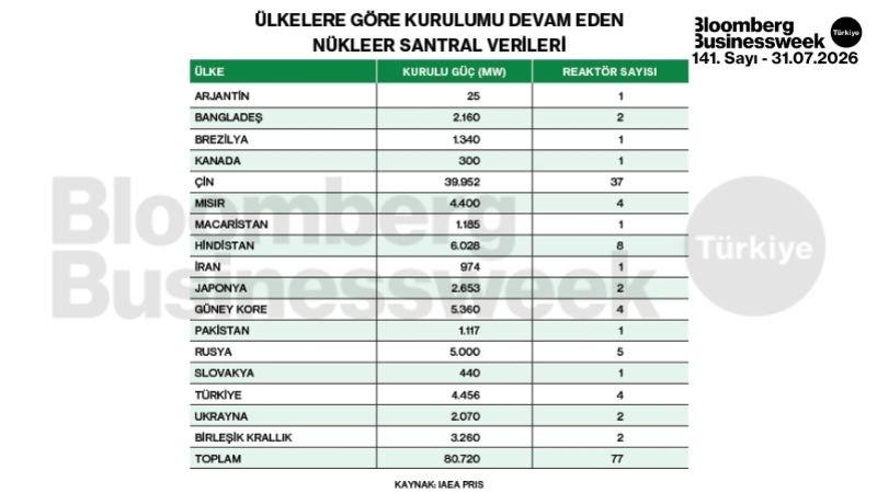 Ülkelere göre kurulumu devam eden nükleer santral verileri
