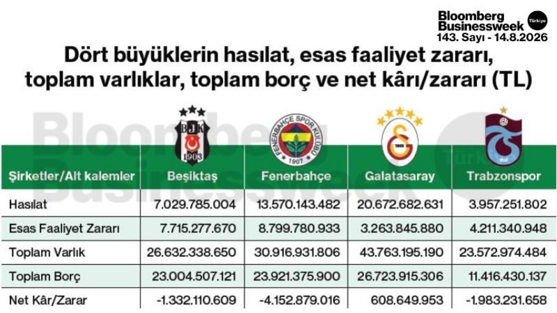 Dört büyüklerin hasılat, esas faaliyet zararı, toplam varlıklar, toplam borç ve net kârı/zararı