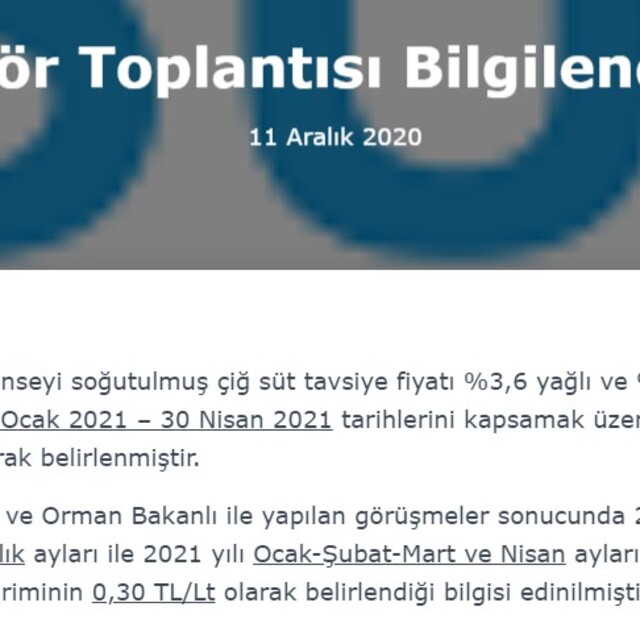 Gıda Komitesi çiğ süt tavsiye fiyatını belirledi