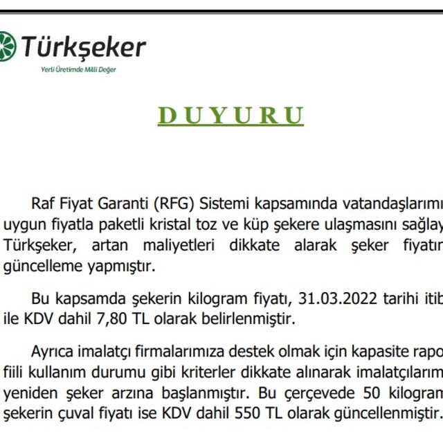 Şekere yüzde 31 zam