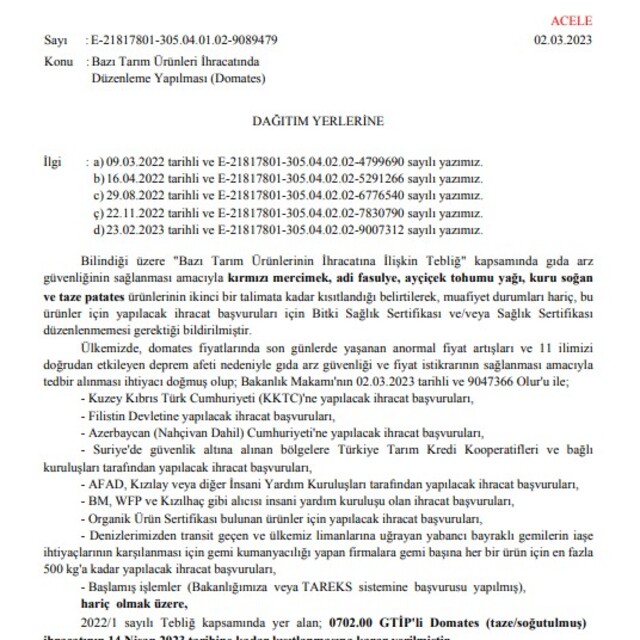 Domates ihracatına kısıtlama getirildi