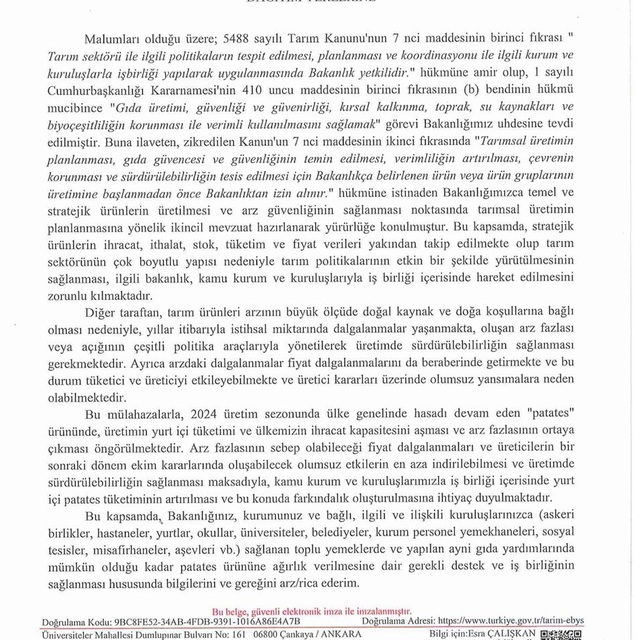 Bakanlıktan patates seferberliği